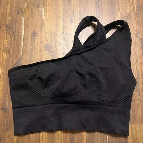 American Eagle Tackma One Shoulder Sports Bra Crop Top Black Mesh Medium - Picture 1 of 4